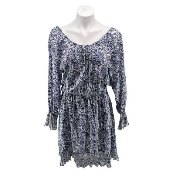 Mystree Blue White Paisley Boho Peasant Dress Large – Off Shoulder Long Sleeve - Picture 1 of 14
